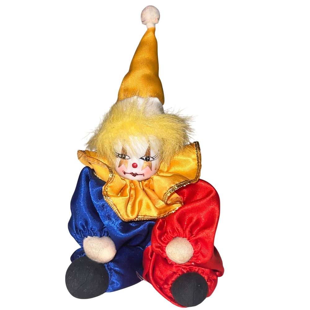 Vintage Artmark Chicago Ltd Porcelain Clown Doll Blue Red Satin Harlequin Decor